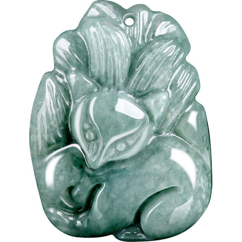 Nimara Ritual Natural Green Jade Nine Tailed Fox Engraved Prosperity Necklace Pendant