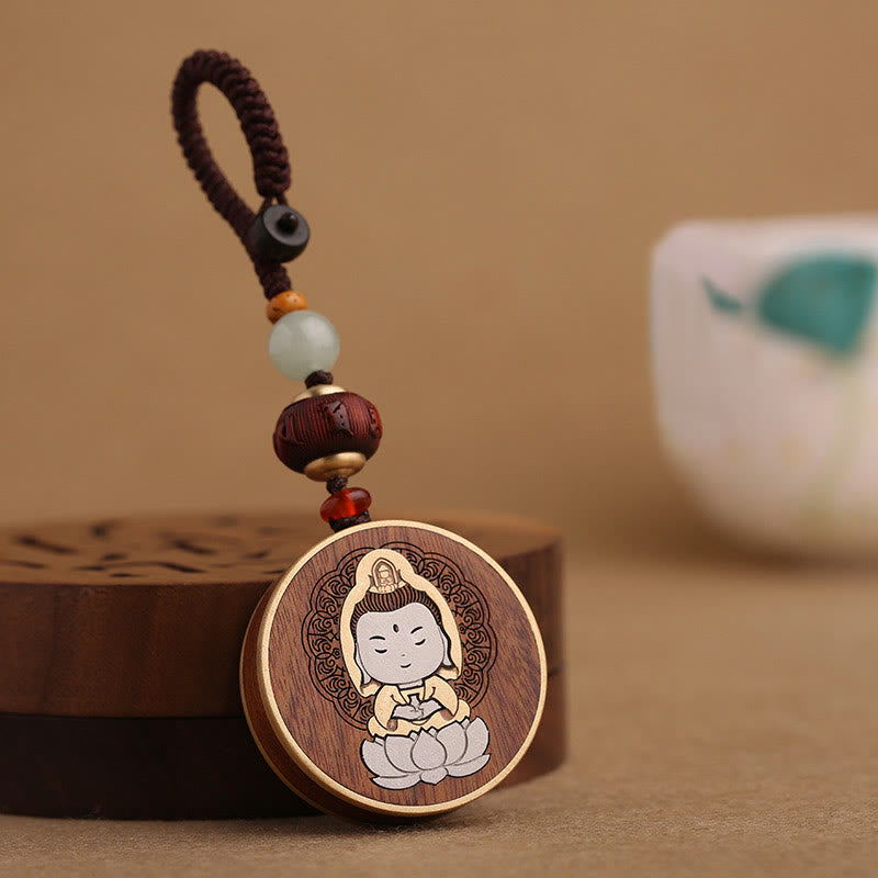 Nimara Ritual Ebony Wood Rosewood Buddha Avalokitesvara Om Mani Padme Hum Balance Car Key Chain Decoration