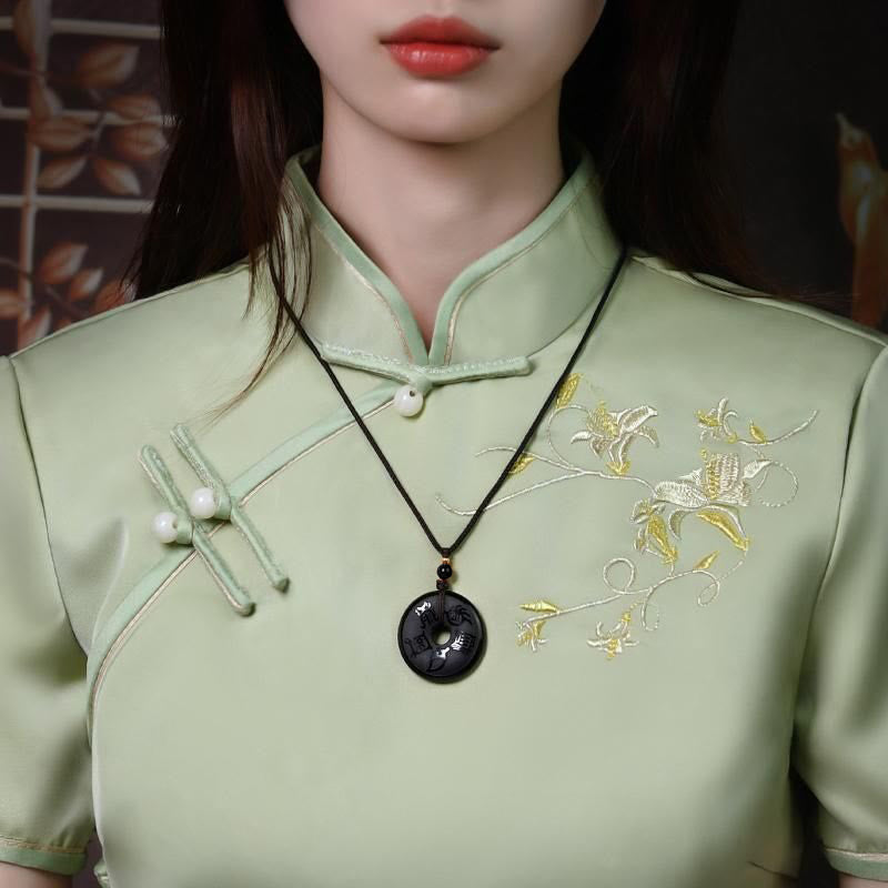 Nimara Ritual Black Obsidian Taoism Five Sacred Mountains Carved Strength Peace Buckle Necklace Pendant Key Chain Phone Hanging Decoration