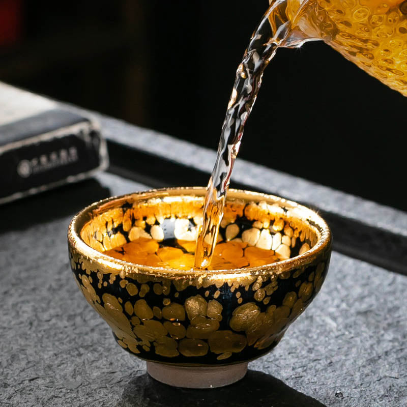 Nimara Ritual 24K Gold Spot Pattern Chinese Jianzhan Ceramic Teacup Kung Fu Tea Cup Bowl With Gift Box