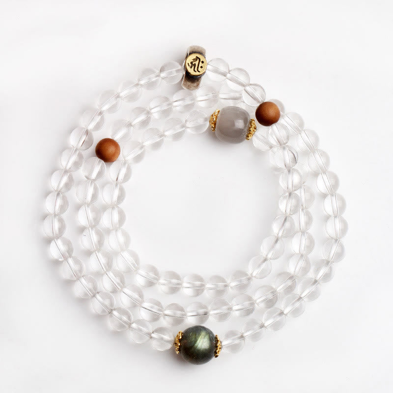 Nimara Ritual 925 Sterling Silver Chinese Zodiac Natal Buddha White Crystal Meditation Triple Wrap Bracelet