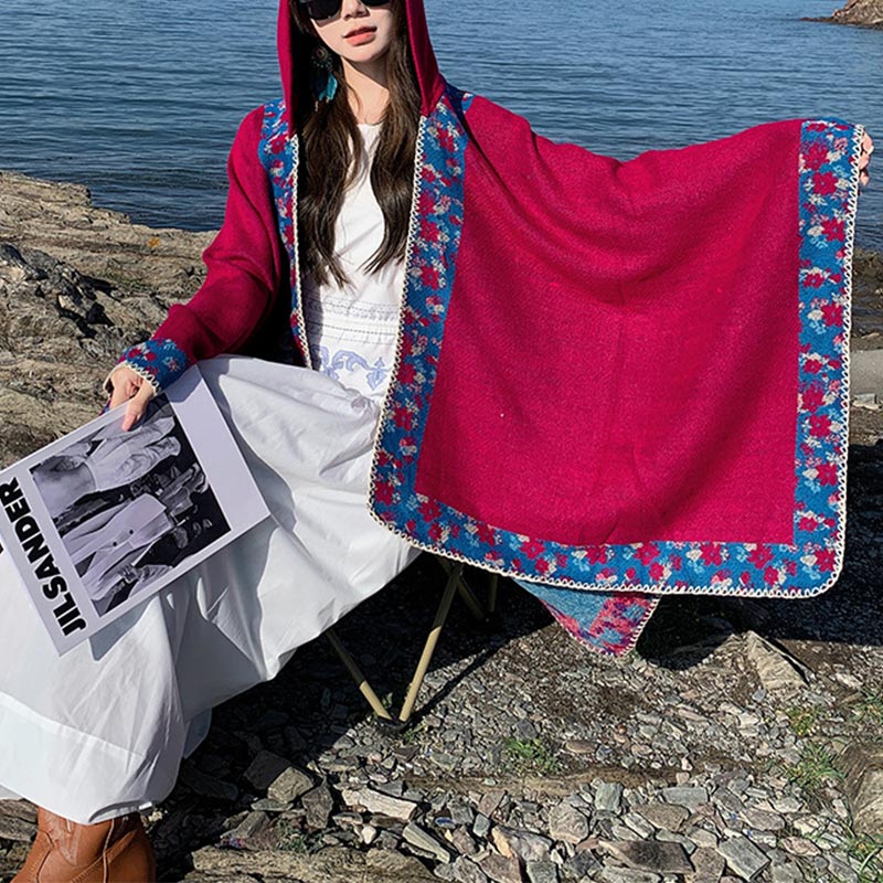 Nimara Ritual Tibetan Shawl Border Small Floral Flower Hooded Cloak Winter Cozy Travel Scarf Wrap