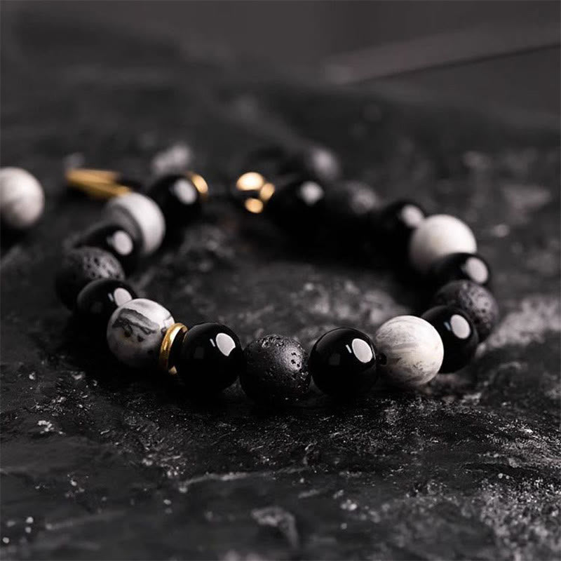 Nimara Ritual Black Obsidian Lava Rock Stone Yin Yang Strength Bracelet