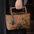 Nimara Ritual Vintage Brown Flowers Green Bamboo Leaves Wood Handles Zipper Handbag