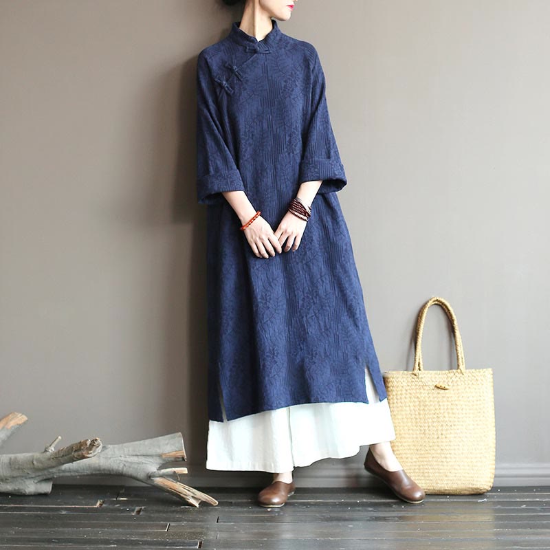Nimara Ritual Flower Jacquard Midi Dress Long Sleeve Cotton Linen Dress Wide Leg Pants With Pockets