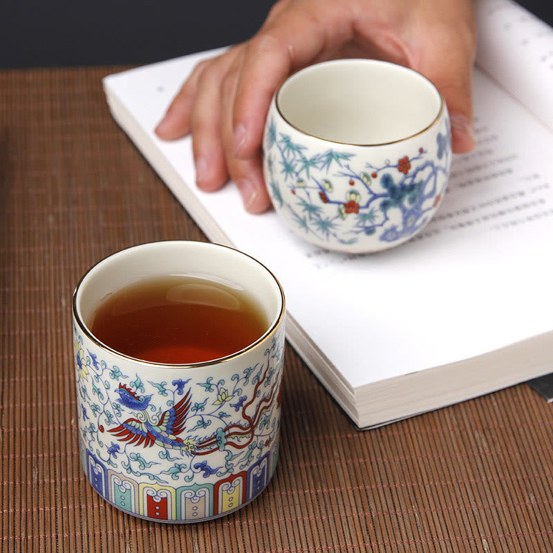 Nimara Ritual Vintage Plum Blossom Pine Bamboo Phoenix Kirin Lion Dancing Ceramic Teacup Tea Cups