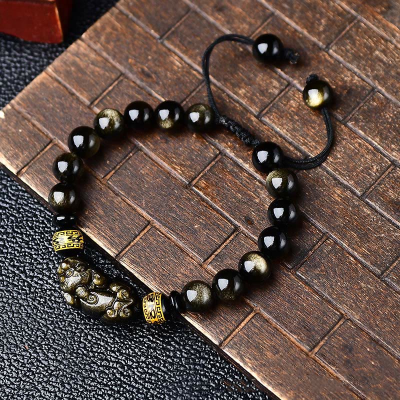 Nimara Ritual Natural Gold Sheen Obsidian PiXiu Om Mani Padme Hum Wealth Braided Bracelet