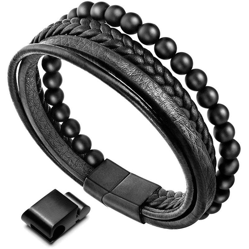 Nimara Ritual Natural Lava Rock Black Onyx Bead Leather Bracelet