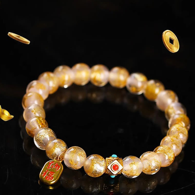 Nimara Ritual Tibetan Incense Ash Liuli Glass Bead Lucky Fortune Fu Character Charm Bracelet
