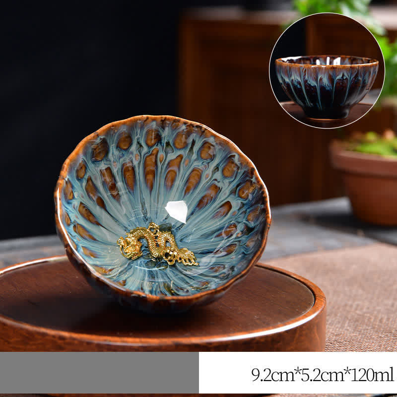 Nimara Ritual Lotus Peacock Dragon Phoenix Koi Fish Ceramic Teacup Inlaid Tea Cups 120ml