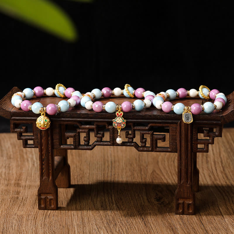 Nimara Ritual Tibetan Zakiram Goddess of Wealth Rabbit Lion Head Charm Liuli Glass Incense Ash Porcelain Bead Protection Bracelet