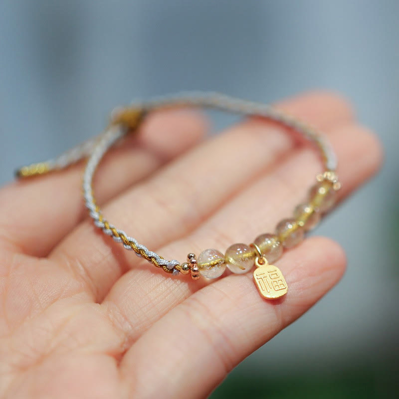 Nimara Ritual 925 Sterling Silver Natural Jade Gourd Rutilated Quartz Fu Character Luck Braid Bracelet