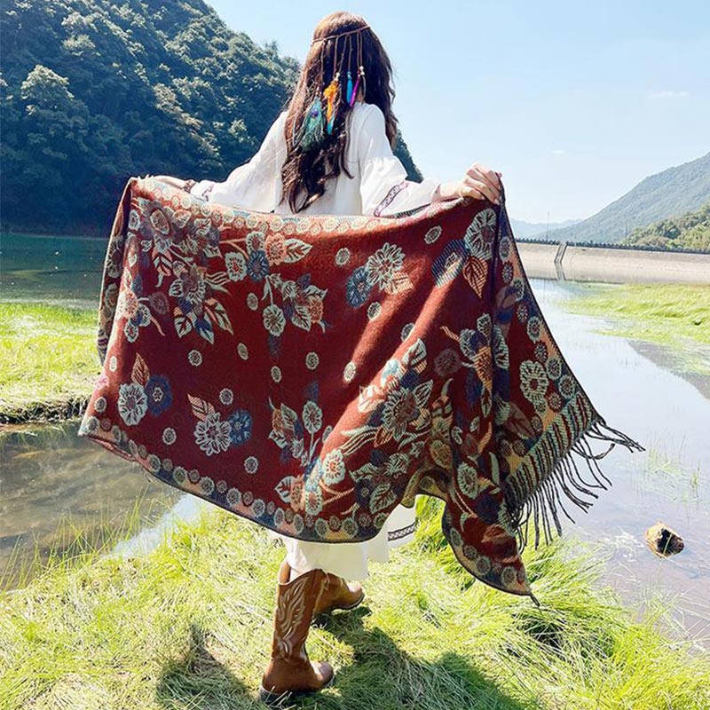 Nimara Ritual Tibetan Flower Floral Leaves Pattern Design Shawl Cozy Travel Scarf Wrap