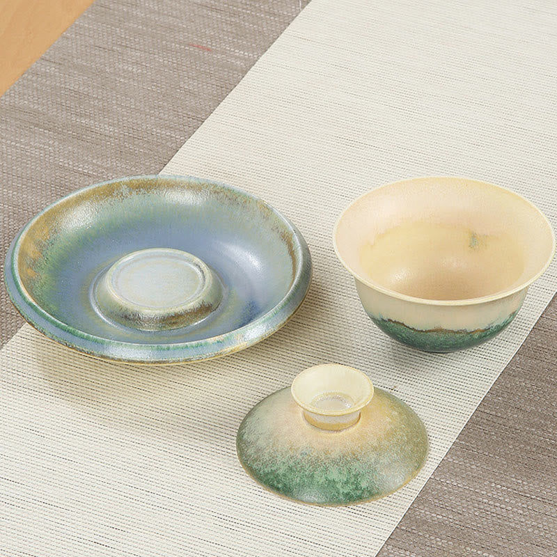 Nimara Ritual Green Ocean Waves Design Porcelain Ceramic Gaiwan Sancai Teacup Kung Fu Tea Cup And Saucer With Lid