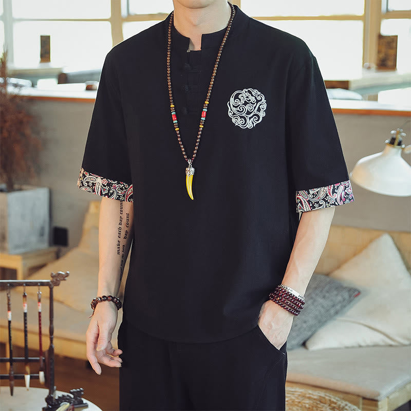 Nimara Ritual Frog-Button Dragon Embroidery Chinese Tang Suit Short Sleeve Shirt Men Clothing