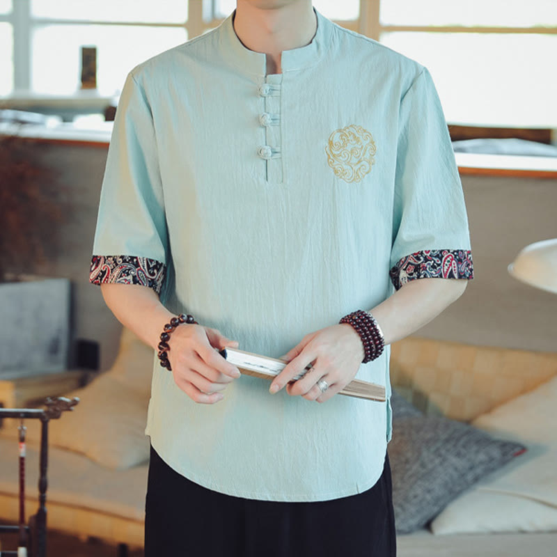Nimara Ritual Frog-Button Dragon Embroidery Chinese Tang Suit Short Sleeve Shirt Men Clothing