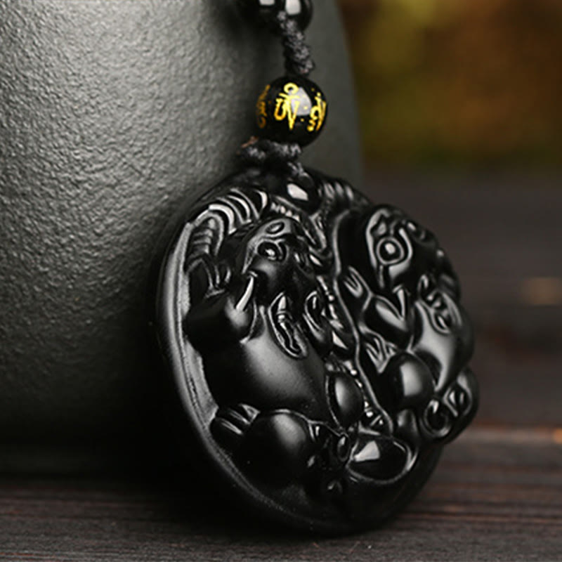 Nimara Ritual Black Obsidian Double Pixiu Bead Rope Purification Necklace Pendant