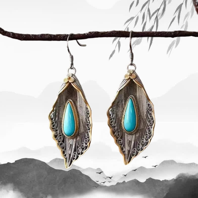 Nimara Ritual 925 Sterling Silver Turquoise Bodhi Leaf Pattern Protection Drop Dangle Earrings
