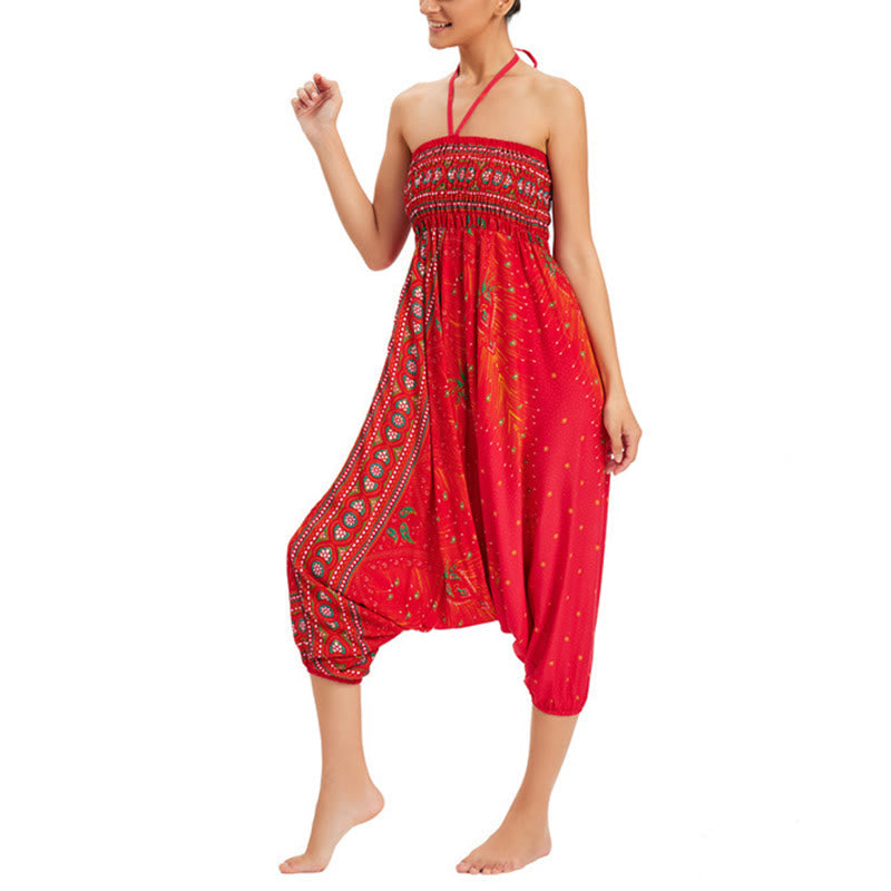 Nimara Ritual Two Style Wear Peacock Feather Loose Smocked Harem Trousers Jumpsuit High Waist Pants