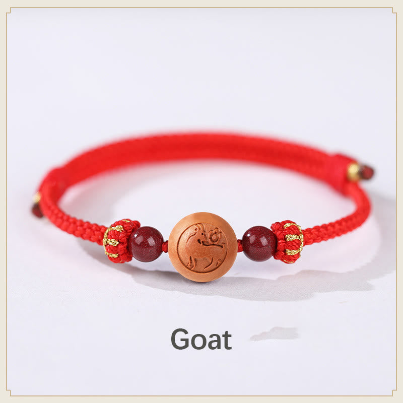 Nimara Ritual Natural Peach Wood Chinese Zodiac Fu Character Carved Cinnabar Wealth Bracelet