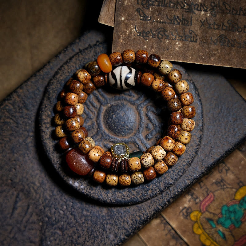 Nimara Ritual Tibetan Bodhi Seed Amber Dzi Bead Agate Zakiram Goddess of Wealth Beads Triple Wrap Bracelet