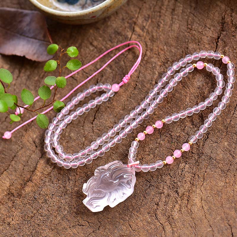 Nimara Ritual Natural Pink Crystal Nine Tailed Fox Love Necklace Pendant
