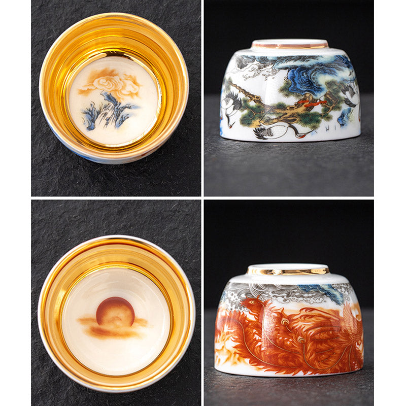 Nimara Ritual Dragon Phoenix Crane Sun Ocean Waves Gilt Ceramic Teacup Kung Fu Tea Cup 170ml