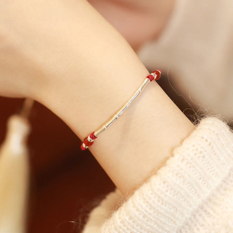Nimara Ritual 925 Sterling Silver Bamboo White Agate Red Agate Bead Protection String Braided Bracelet