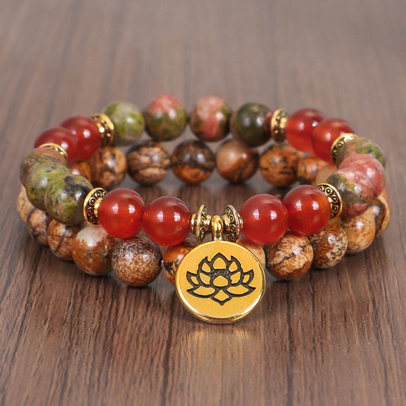 Nimara Ritual Tibetan Picture Jasper Positive Lotus Bracelet Set
