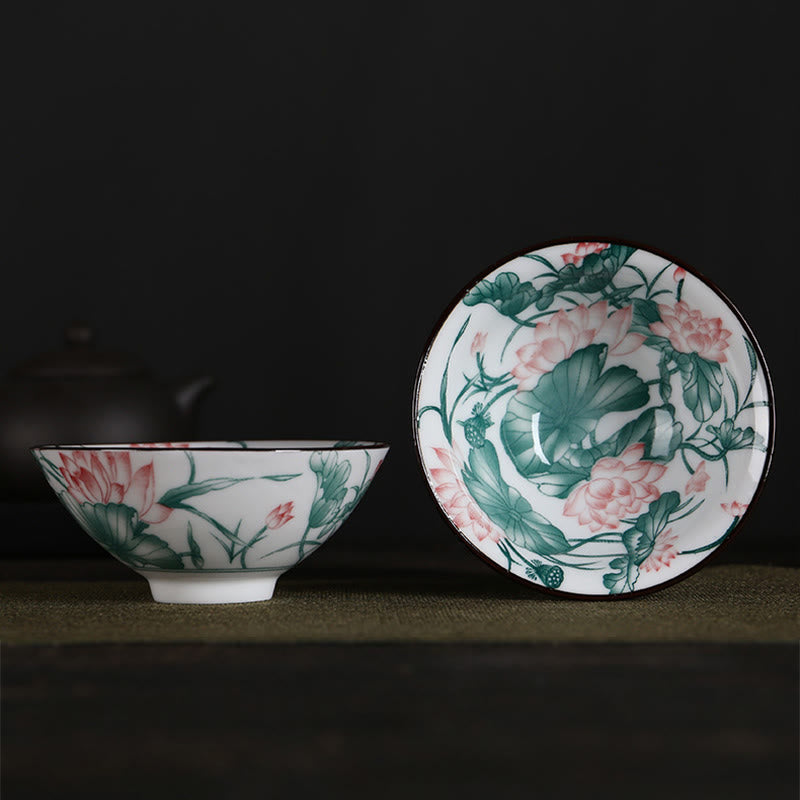 Nimara Ritual Flowers Fu Character Mountains Lotus Cherry Blossoms Ceramic Teacup Kung Fu Tea Cup