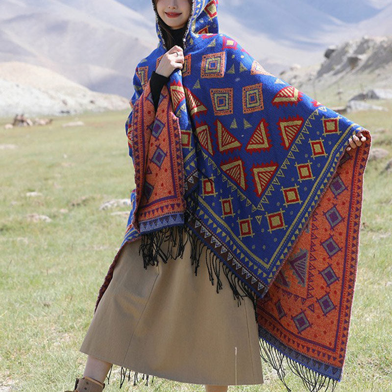 Nimara Ritual Tibetan Shawl Triangle Pattern Hooded Cloak Winter Cozy Travel Scarf Wrap