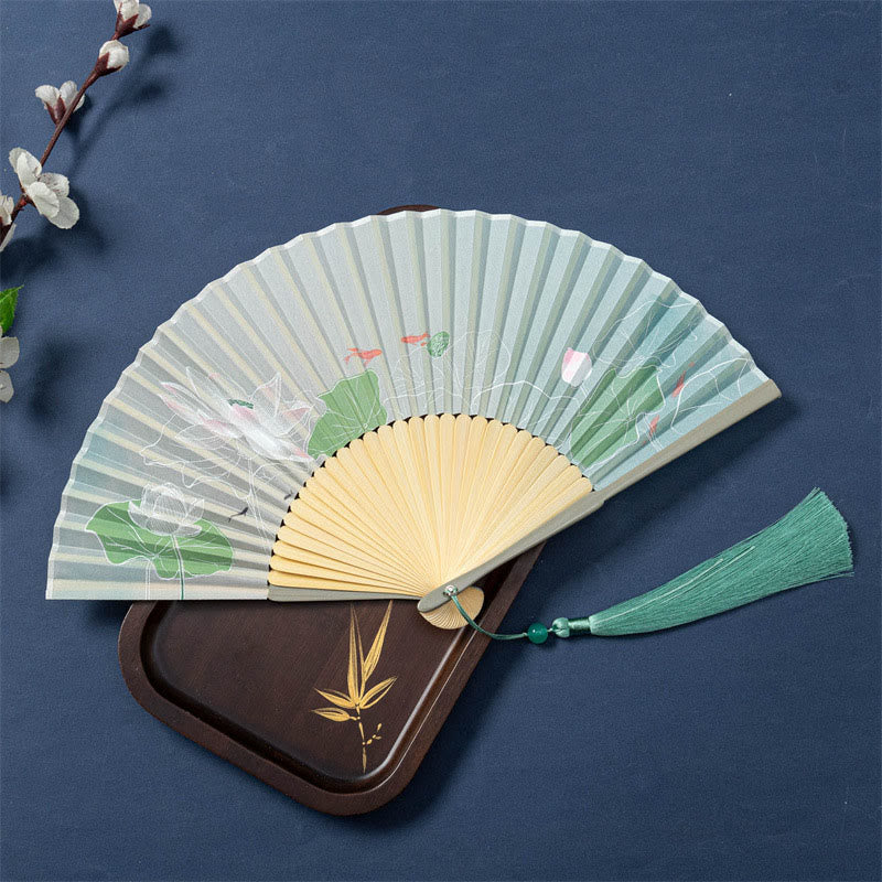 Nimara Ritual Lotus Begonia Flower Jasmine Handheld Bamboo Folding Fan 21cm