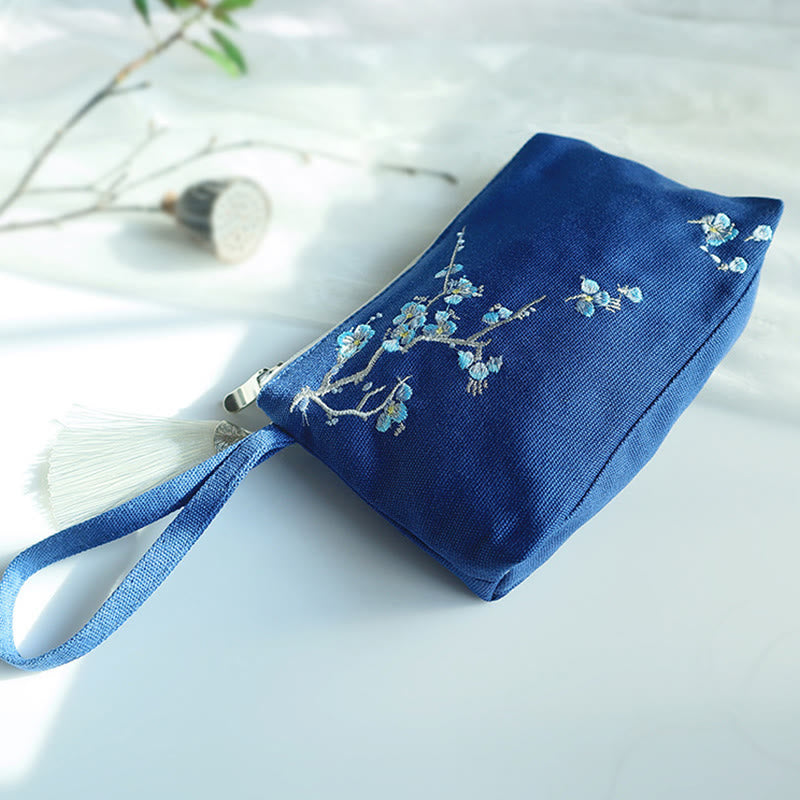 Nimara Ritual Small Flower Plum Cherry Crane Peach Blossom Embroidery Canvas Wallet Shopping Purse