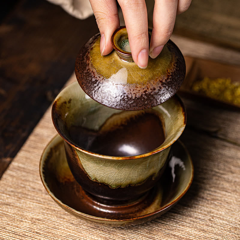 Nimara Ritual Vintage Brown Kiln Change Design Porcelain Ceramic Gaiwan Sancai Teacup Kung Fu Tea Cup And Saucer With Lid