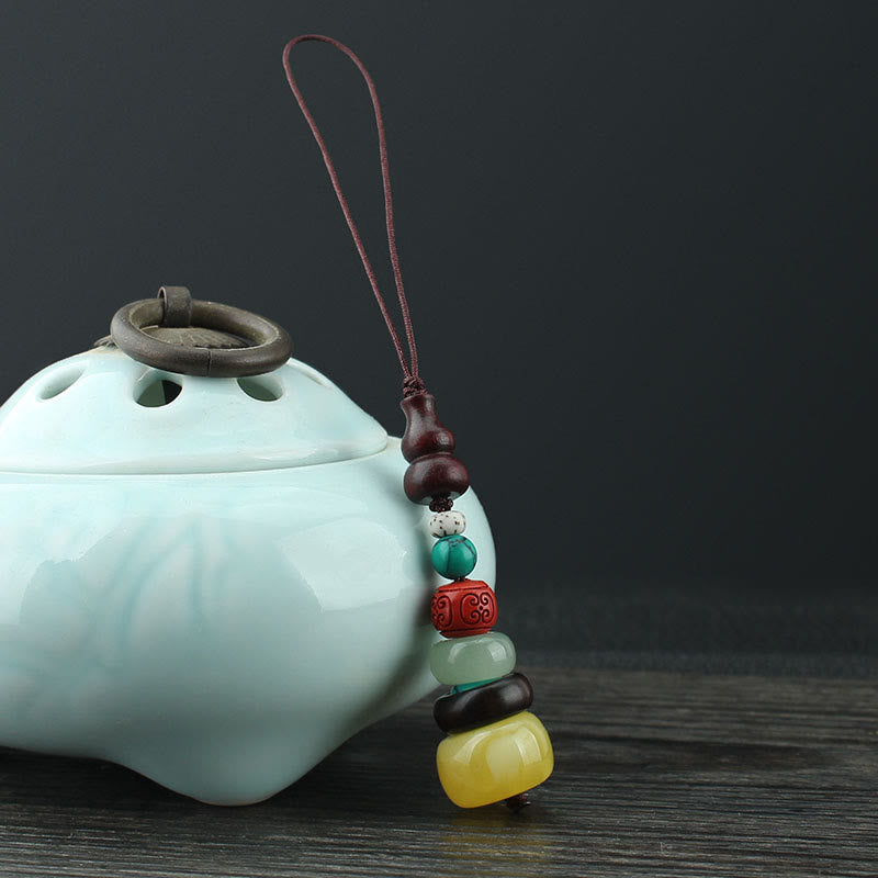 Nimara Ritual Green Sandalwood Ebony Wood Gourd Seven Layer Pagoda Positive Phone Hanging Decoration