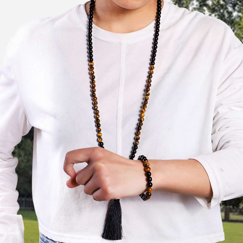 Nimara Ritual Tibetan Black Onyx Tiger Eye Protection Necklace Mala Set