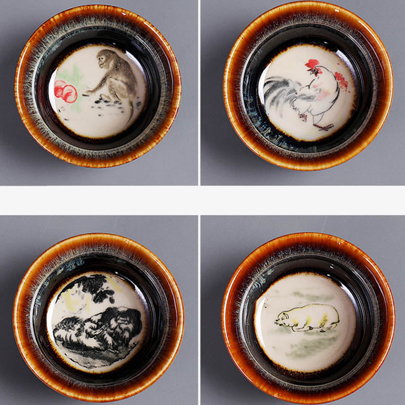 Nimara Ritual 12 Chinese Zodiac Pattern Ceramic Teacup Kung Fu Jian Chinese Zhan Tea Cup 73ml