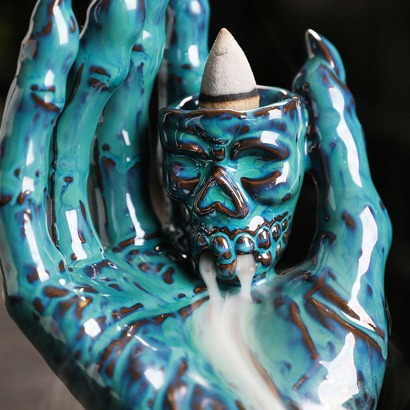 Nimara Ritual Halloween Ghost Hand Skull Head Ceramic Peace Healing Incense Burner Decoration