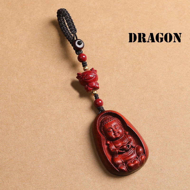Nimara Ritual Small Leaf Red Sandalwood Buddha Cinnabar Chinese Zodiac Amulet Protection Key Chain