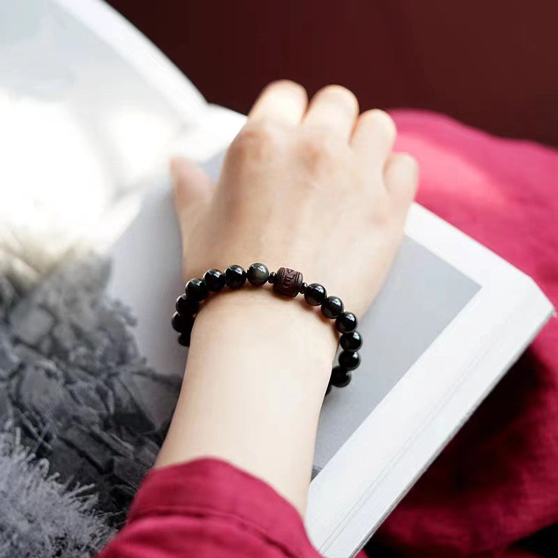 Nimara Ritual Natural Gold Sheen Obsidian Rainbow Obsidian Om Mani Padme Hum Fu Character Healing Bracelet
