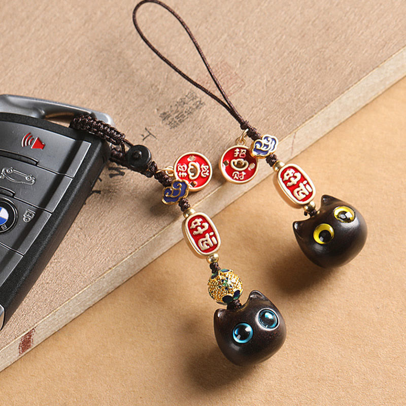 Nimara Ritual Ebony Wood Lucky Cat Auspicious Cloud Peace Key Chain Phone Hanging Decoration