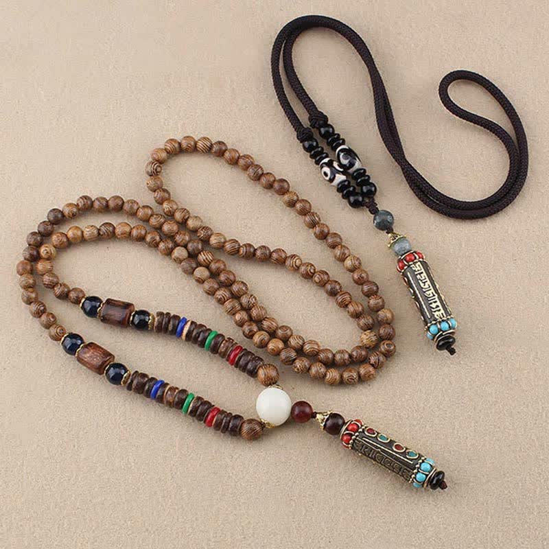 Nimara Ritual Tibetan Om Mani Padme Hum Dzi Bead Wenge Wood Necklace Pendant