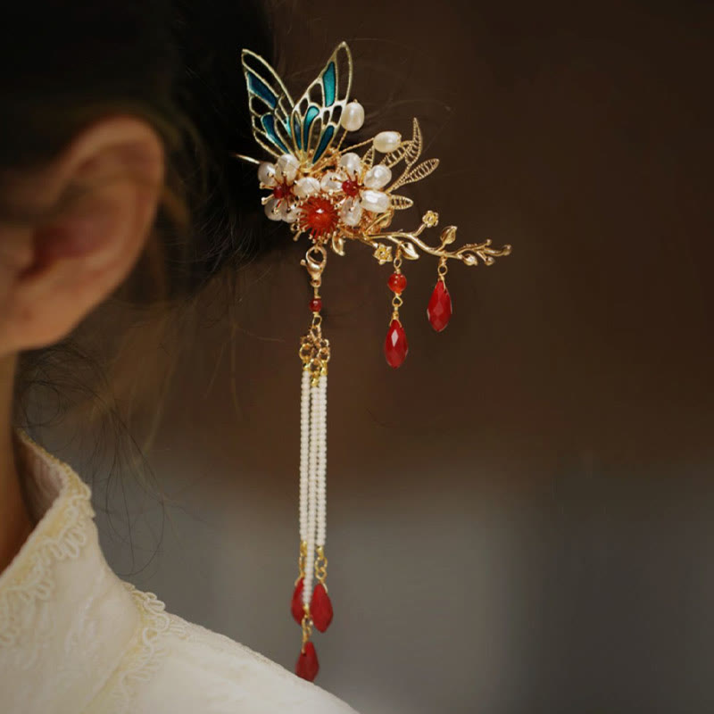 Nimara Ritual Classical Chinese Style Flower Branche Butterfly Pearl Tassel Hair Clip Hair Comb Hair Crown