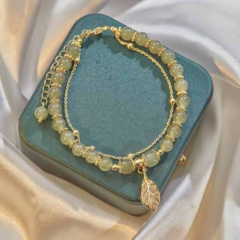 Nimara Ritual Jade Leaf Ginkgo Tulip Peanut Fu Character Luck Beaded Bracelet