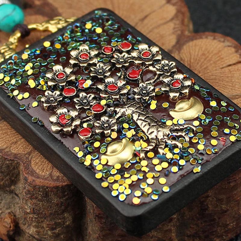 Nimara Ritual Tibet God Of Wealth Money Tree Golden Phoenix Thangka Ebony Peace Necklace Pendant
