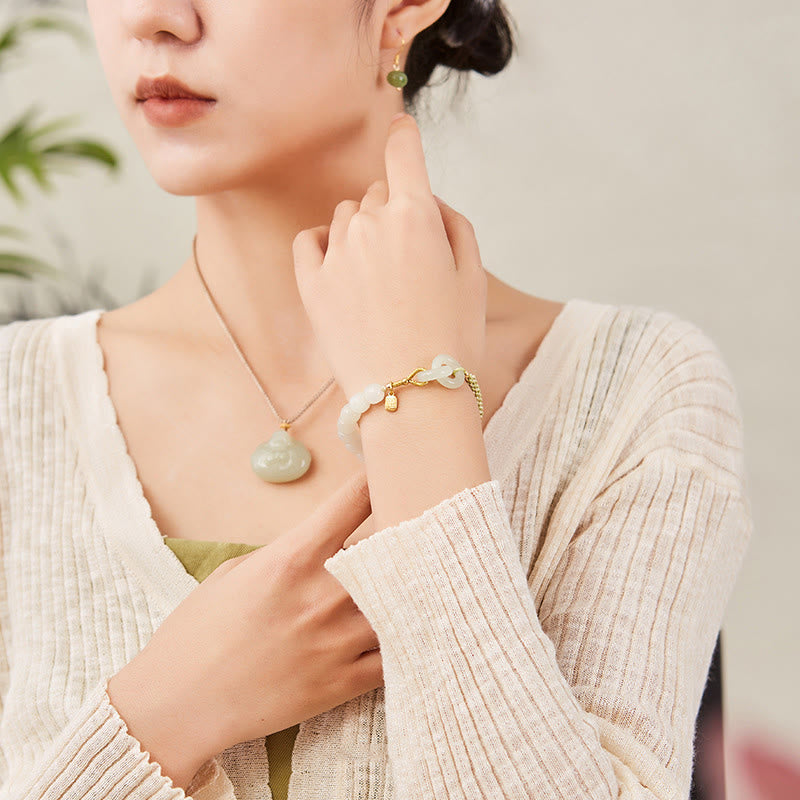 Nimara Ritual Natural Hetian Jade Bead Double Peace Buckle Fu Character Abundance Braided Bracelet