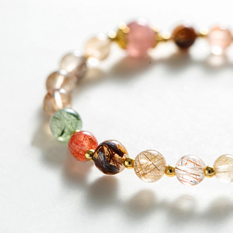 Nimara Ritual Natural Rutilated Quartz Strawberry Quartz PiXiu Wealth Bracelet