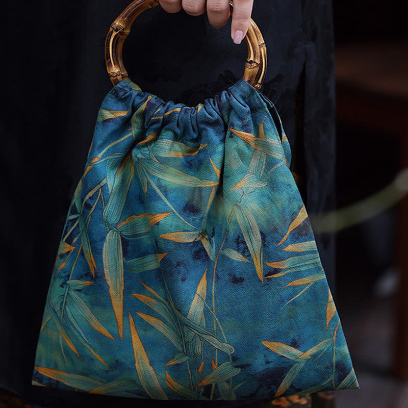 Nimara Ritual Blue Green Bamboo Leaves Bamboo Handles Handbag