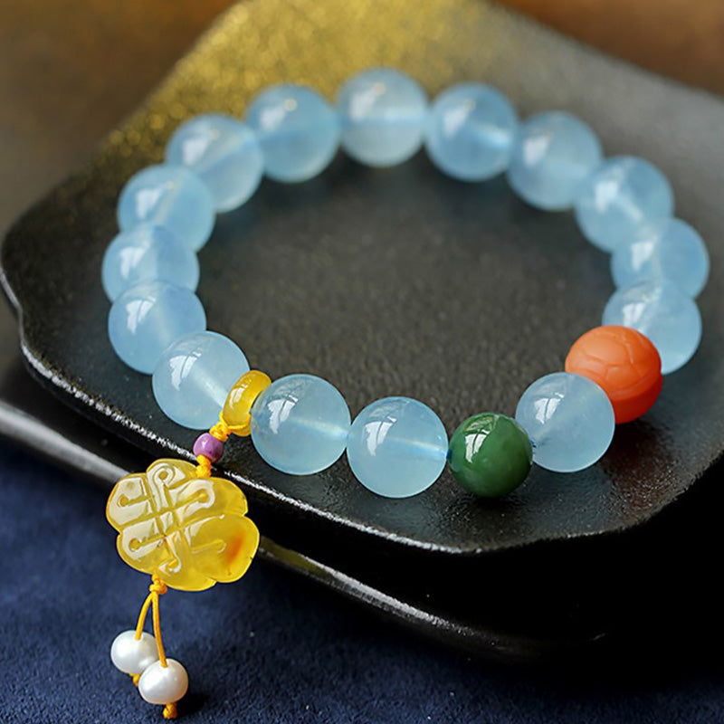 Nimara Ritual Natural Aquamarine Amber Chinese Knotting Charm Peace Bracelet