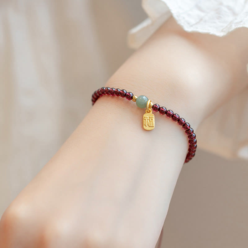 Nimara Ritual Natural Strawberry Quartz Garnet Jade Lucky Fortune Fu Character Healing Charm Bracelet